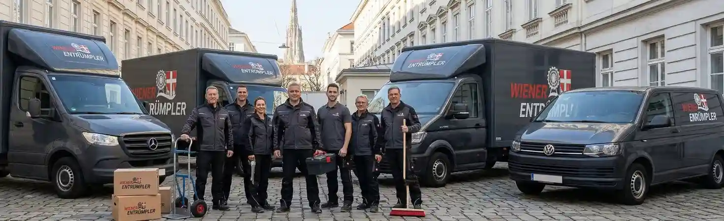 Das Team der Wiener Entrümpler mit Firmenfahrzeugen in Wien